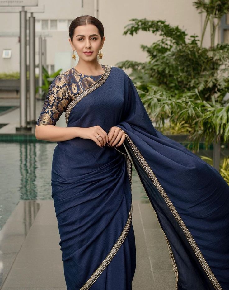 Midnight Blue Designer Saree With Luxury Floral Blouse