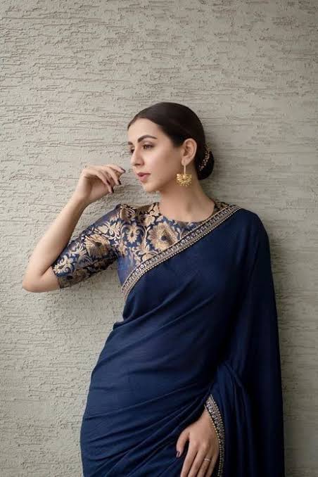 Midnight Blue Designer Saree With Luxury Floral Blouse